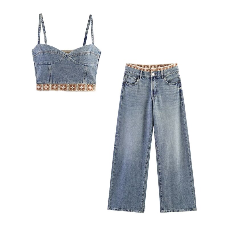 European and American Cross-Border Women's Clothing Wholesale Women's Patchwork Crochet Denim Top and Mid-Waist Loose Jeans Set