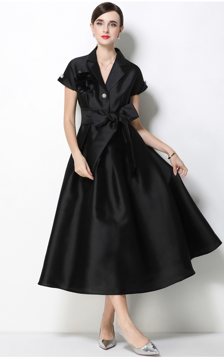Đầm maxi nữ hoa nổi tay ngắn cổ vest thắt eo jacquard xòe — màu đen, Rượu vang đỏ, xanh lam, màu hồng đậm chi tiết 15