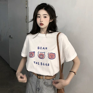白色短袖t恤女2025夏季新款韩版宽松百搭超火中长款小熊印花上衣