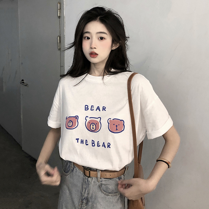 White Short-Sleeved T-Shirt for Women 2025 Summer New Korean Style Loose and Versatile Super Hot Mid-Length Bear Print Top