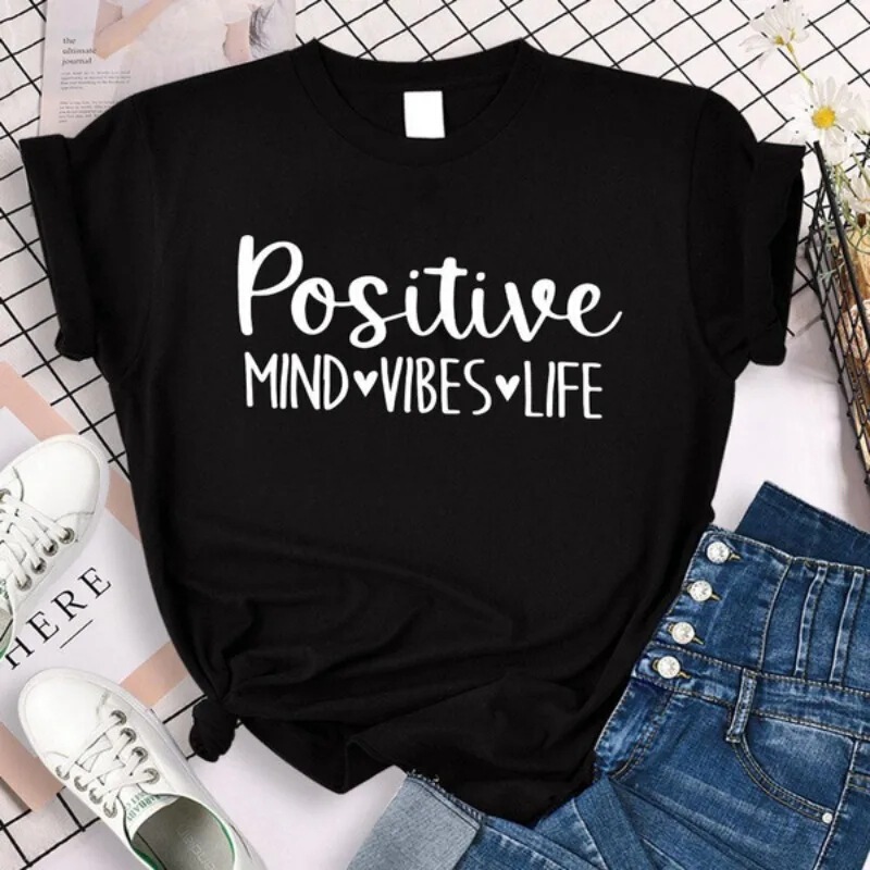 Positive Mindset Vibrating Life Letter Print T-Shirt Women's Short Sleeve O-Neck Loose T-Shirt Women's T-Shirt Top Ca Positive Mindset Vibrating Life Letter Print T-Shirt Women's Short Sleeve O-Neck Loose T-Shirt Women's T-Shirt Top Ca
