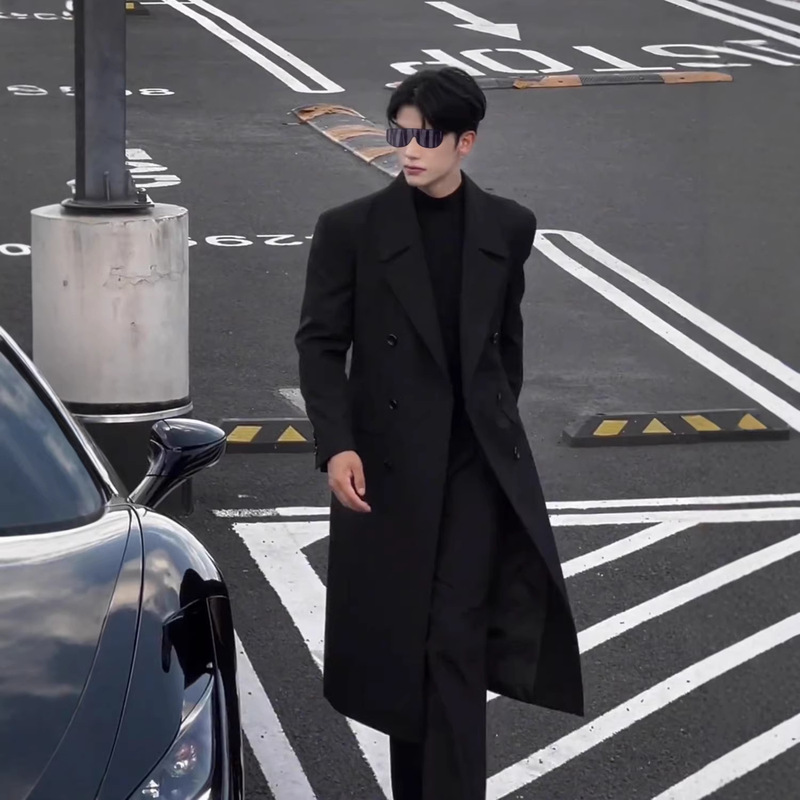 French-Style Elegant Trench Coat for Men, Double-Breasted, Autumn and Winter, Mature Style, Korean Fashion, Trendy Ins, Drop-Shoulder Men's Woolen Coat
