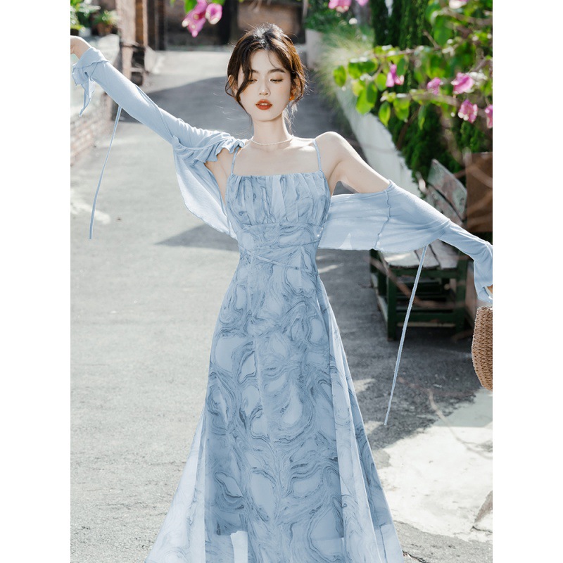 프랑스 꽃 라이트 블루 광장 칼라 슬링 원피스 슈퍼 페어리 해변 홀리데이 비치 원피스 세련되고 아름다운 투피스 세트