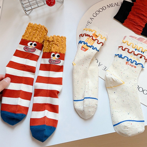 French fries socks pure cotton women funny cute cartoon women mid-tube socks spring and summer pure cotton women socks Zhuji socks wholesale