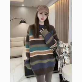 韩版条纹拼色针织衫女套头秋冬新款时尚宽松中长款慵懒风毛衣