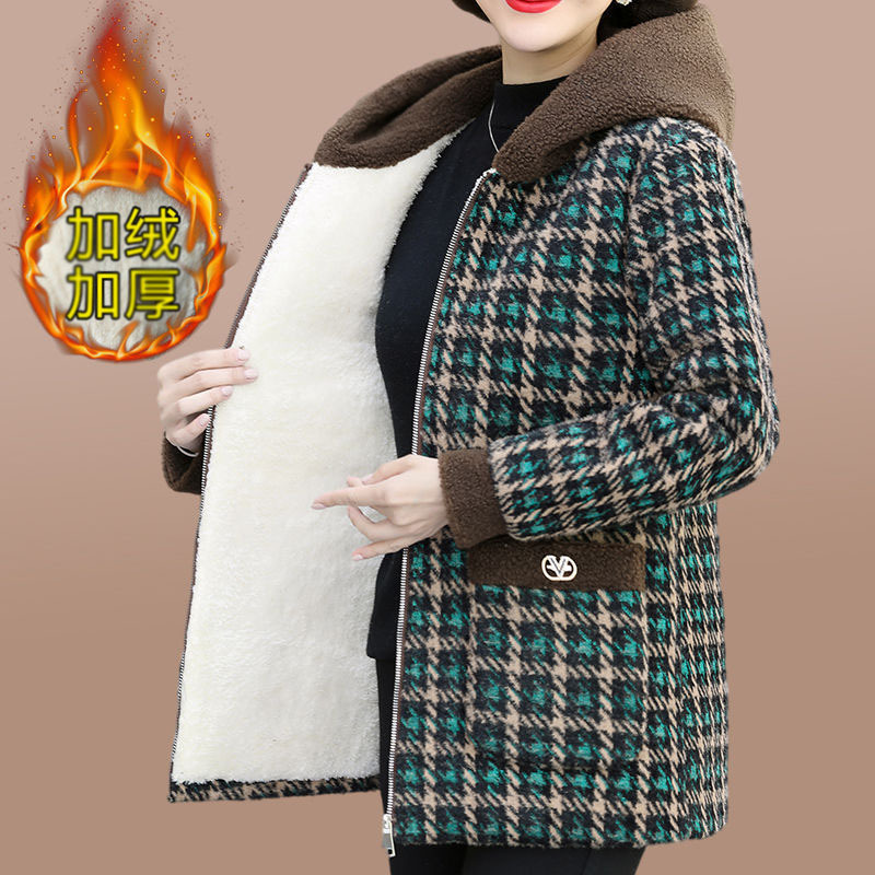 Women's fleece-lined Thickened Winter Lambskin Coat Casual All-match Hooded Short Cotton-padded Coat Women's Plaid Jacket Top