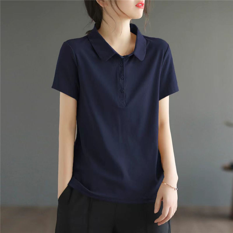 Solid Color Plus-Size Summer Slimming Cotton Polo Shirt Top Artistic Short-Sleeve Women's Versatile Casual Loose Pullover T-Shirt Trendy Solid Color Plus-Size Summer Slimming Cotton Polo Shirt Top Artistic Short-Sleeve Women's Versatile Casual Loose Pullover T-Shirt Trendy