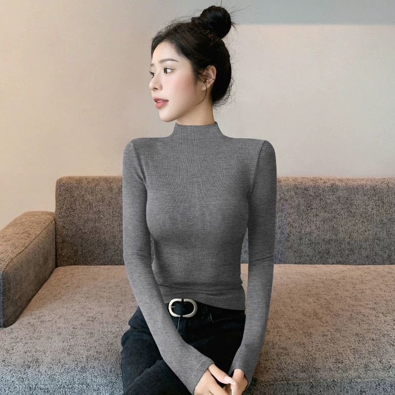 Black Half Turtleneck Threaded Bottoming Shirt for Women, 2025 New Slim Fit and Stylish Long-Sleeved T-Shirt for Women