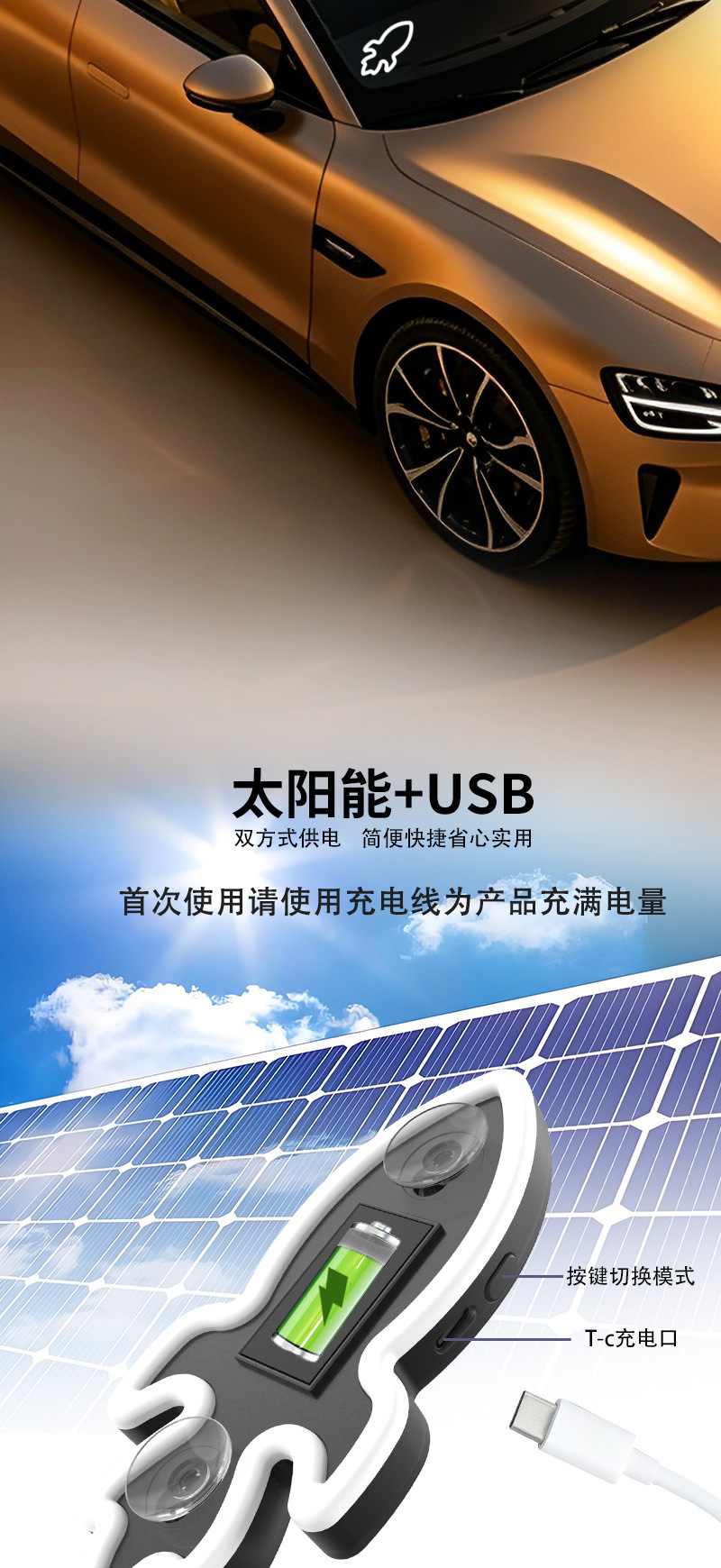 Car Solar Triangle Window Rocket Ambient Light, No Wiring Required, LED Interior Modification Neon Light, USB Decorative Light