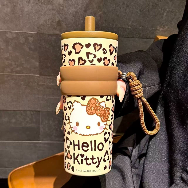 Термокружка с трубочкой Hello Kitty леопард большой объём