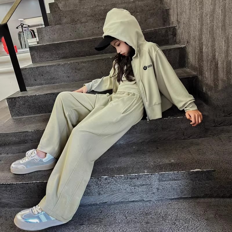 Mädchen Herbstmode Set Kapuzenjacke Weste Und Weite Hose_voghion.com