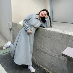 胖mm大码加肥加大收腰长袖300斤连衣裙纯色200斤POLO领秋冬长裙子