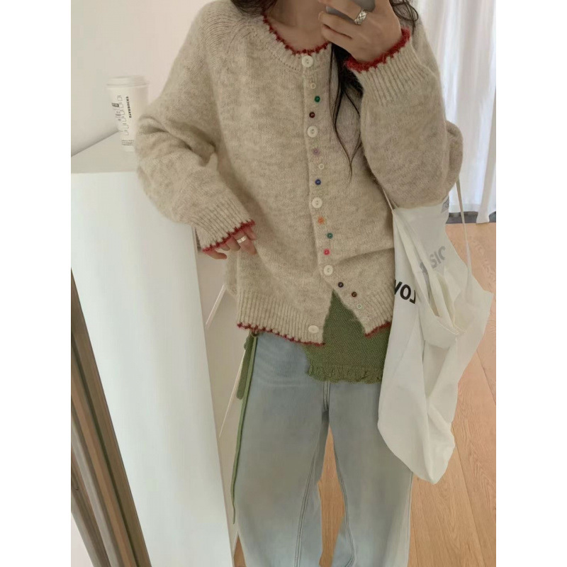 KANING韩版彩扣撞色软糯针织开衫2025秋冬新款宽松显瘦圆领毛衣女|undefined