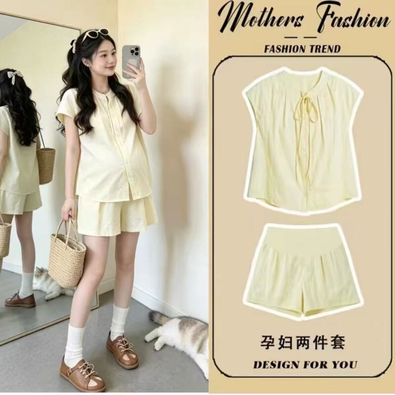 Maternity Summer Outfit Set 2026 New Summer Tie-Up Shirt and Wide-Leg Shorts Two-Piece Set for Pregnant Moms French Style Outfit