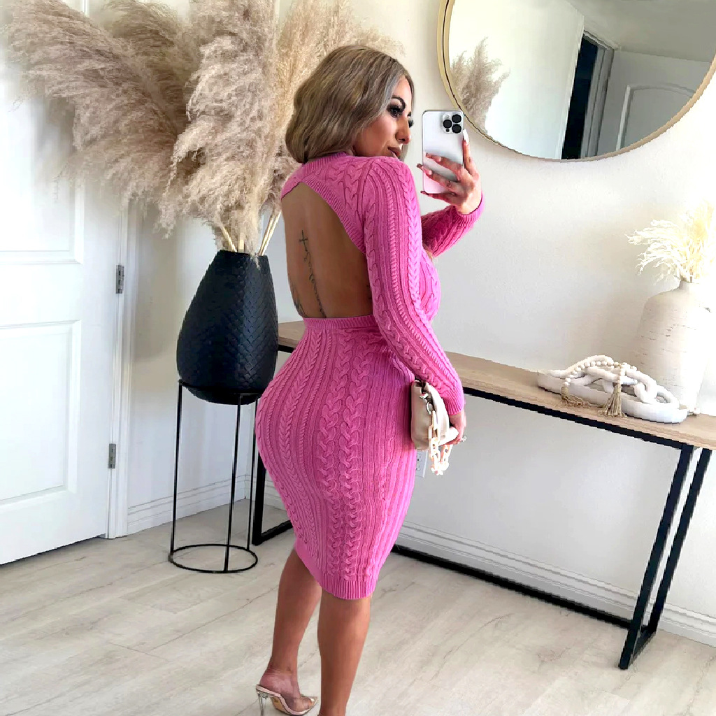 Robe pull femme couleur unie sexy mode robe en maille_voghion.com