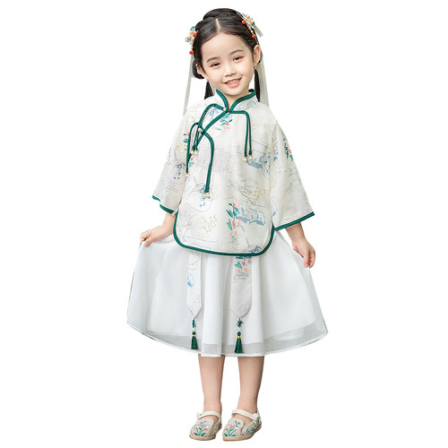 Hanfu suit 24 spring mid-sleeve two-piece chiffon western style children's ink Chinese style ethnic girl fairy