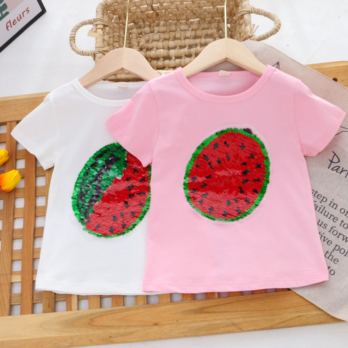 Children's Glitter T-Shirt Watermelon Strawberry Color-Changing Short Sleeve Girls' Top Boys' Half Sleeve Summer Clothing Manufacturer Dropshipping One Piece