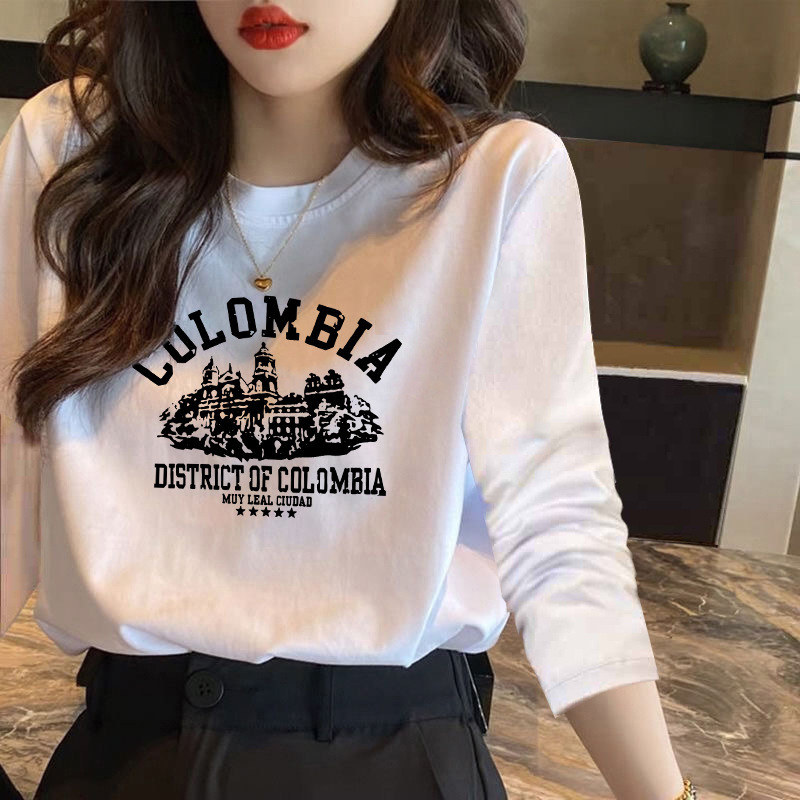 Pure Cotton Loose Skin-friendly Personalized Printed Retro Hong Kong Style Long-sleeved T-shirt Women's Base Shirt Spring New Inner Top