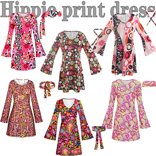 Halloween, European and American women's clothing, 20th century, 70th generation hippie clothing, printed dress, female
