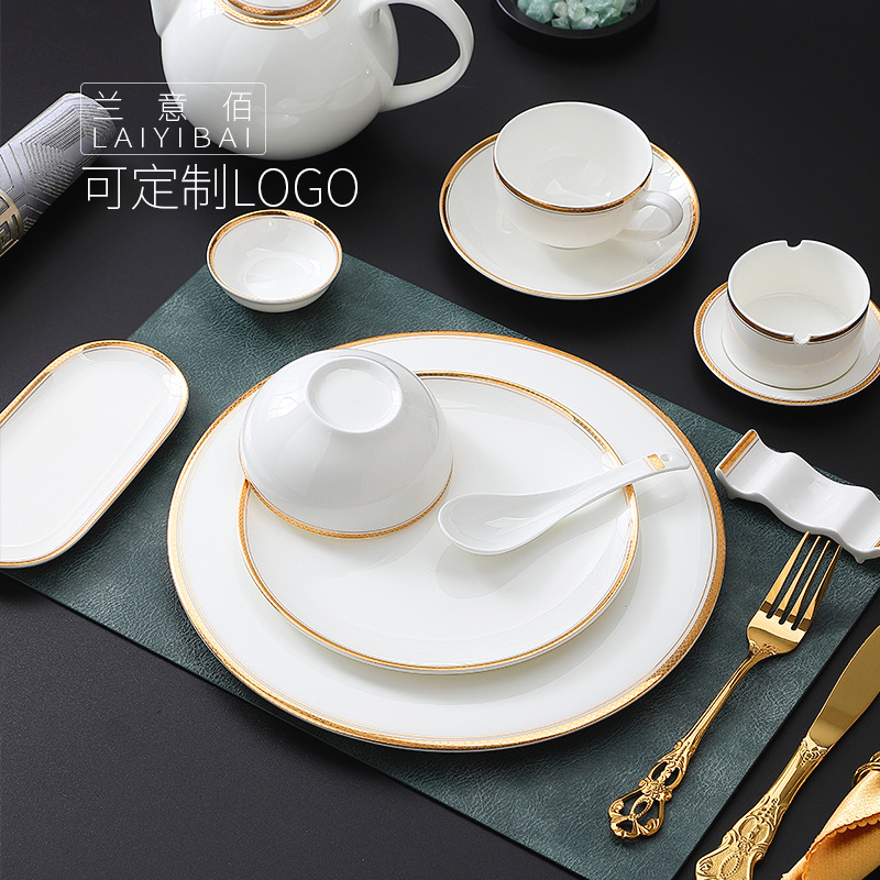 宫廷风复古高档描金骨瓷米饭碗茶杯整套酒店餐厅私人会所摆台餐具