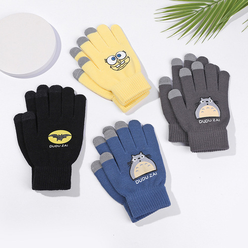 Five-finger gloves for women in winter, Korean version for students, cute cartoon plus velvet and thickened knitted couple, touch screen, warm for cycling men