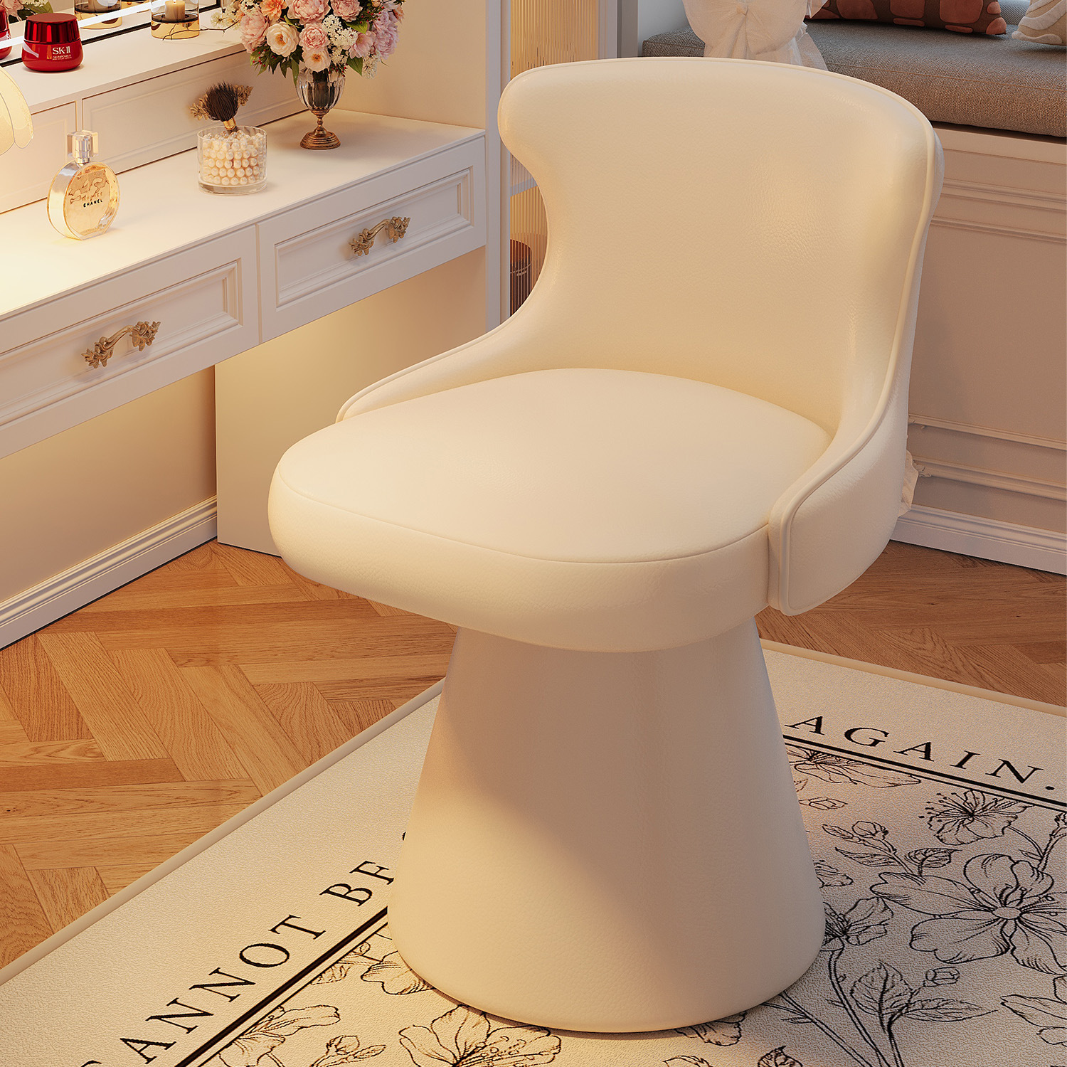 Cream-Style Makeup Stool, Simple Rotating Makeup Chair, Girls' Bedroom Dressing Table Stool with Backrest, Manicure Dressing Chair