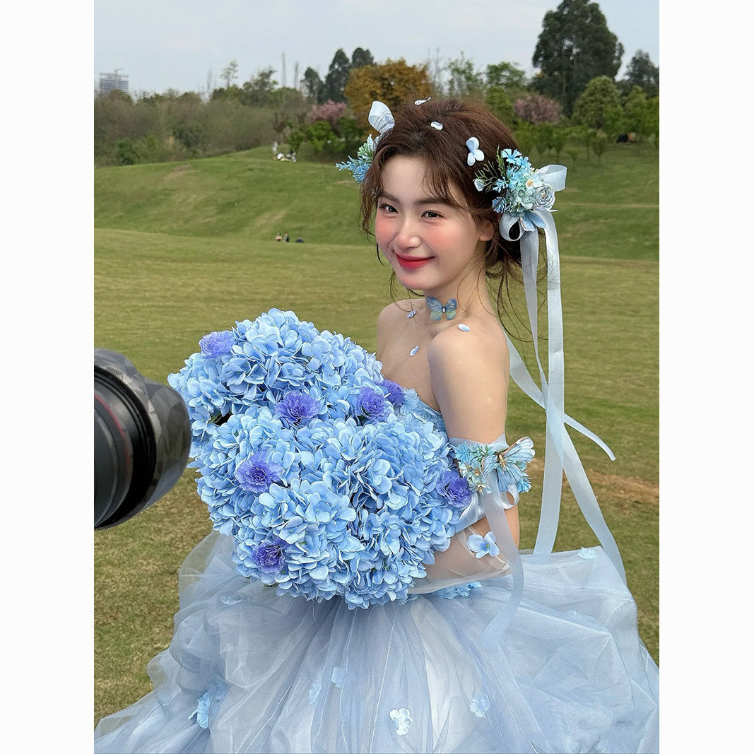 Forest Style New Bride Retro Hair Accessories Blue Flower Bow Hairpin Hairband Pastoral Photo Photo Accessories