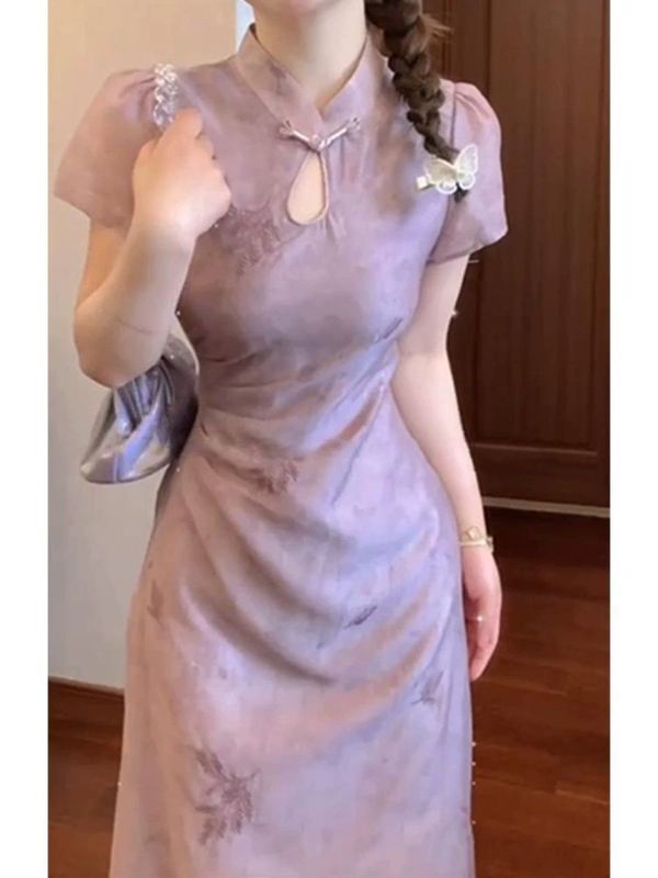 新中式国风年轻款少女旗袍2025新款高端精致花镂空紫色连衣裙子|undefined
