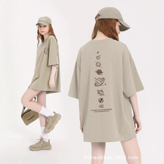 咖色短袖T恤打底衫内搭女上衣2025新款线条星球印花宽松半袖上衣