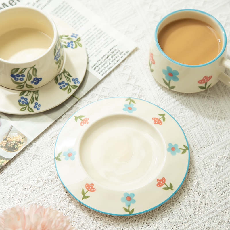 Ins flor de cerámica alta retro cerámica casera tazas de café platos de alto valor de la cara taza de agua regalos de cumpleaños esmalte de color