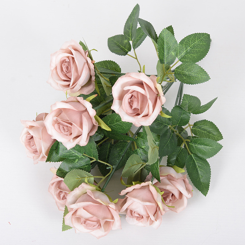 9-cabeza Rosa flor artificial ramo hogar Decoración de la boda Rosa artificial pequeña venta al por mayor de París