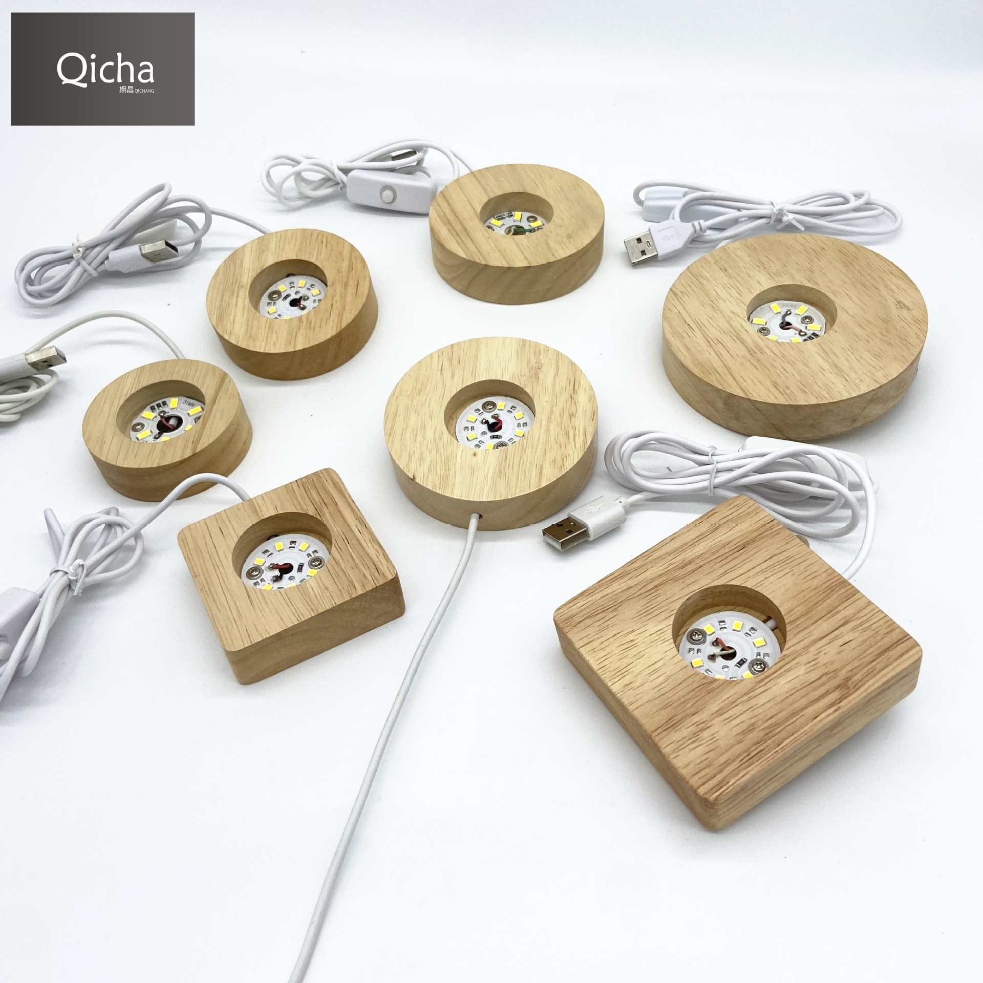 Kauçuk ahşap aydınlık kristal taban USB arayüzü 5V anahtarı aydınlık taban gece lambası masif ahşap yuvarlak lamba tutucu