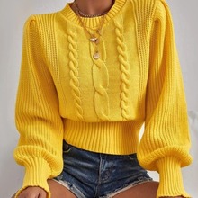 欧美纯色针织衫亚马逊秋冬日系新款圆领套头百搭灯笼袖麻花毛衣女