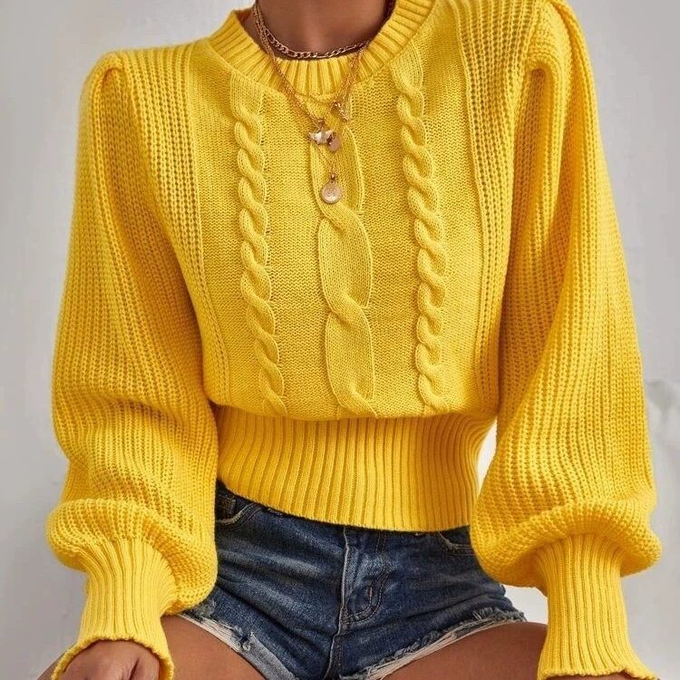 Европейский и американский однотонный трикотаж Amazon, осенне-зимний новый пуловер с круглым вырезом, ebay, трикотаж с рукавами-фонариками для женщин