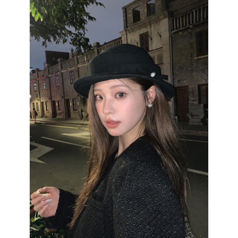 Damenhut aus Wolle mit Perlenschleife, Herbst- und Winter-Socialite-Mode, hochwertiger Fischerhut_voghion.com