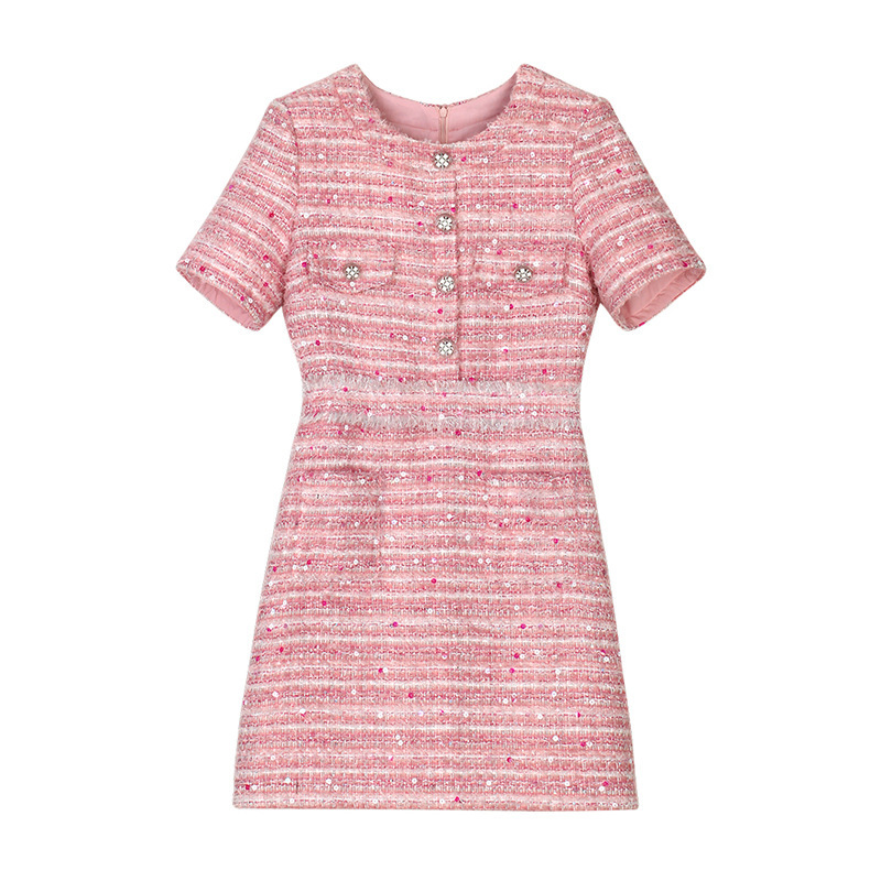 2025 New Women's Summer Socialite Style Tweed Pink Short-Sleeved Waist Slimming Dress