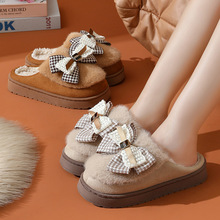 新款蝴蝶结棉拖鞋女秋冬季室内可爱家居厚底拖鞋踩屎感保暖毛毛鞋