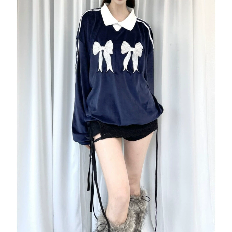 Brand cute velvet belt with bow, thin sweatshirt, with embroidery