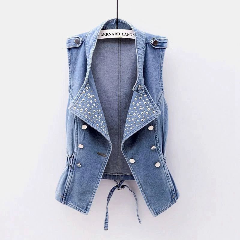 Denim Vest Women's Short Korean Style Spring and Summer New Epaulettes Rivets Double-Breasted Sleeveless Vest Waistcoat Slimming Look Top