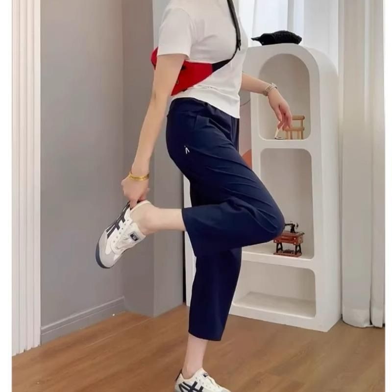 夏薄いクールアイスシルクパンツ速乾性日焼け止めハーレムパンツ女性のルーズ痩身カジュアルストレートスポーツクロップドパンツ|undefined