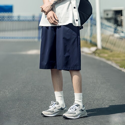 Summer Thin Drawstring Shorts Men's Teenagers Solid Color Five-Quarter Pants Loose Retro Casual Sports Straight Leg Mid-Length Pants 