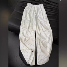 韩系波点白色工装裤女夏季薄款2024新款小个子宽松直筒休闲阔腿裤