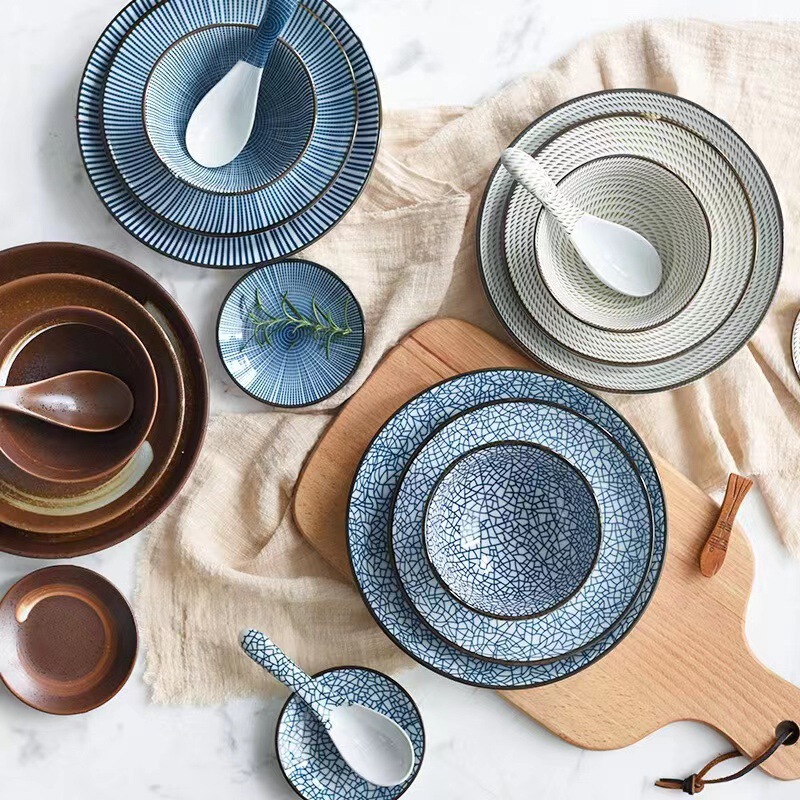 Japanese Style Vintage Ceramic Tableware Set Restaurant Commercial Plate Small Plate Shallow Plate Household Steak Plate Large Bowl Cross Border Japanese Style Vintage Ceramic Tableware Set Restaurant Commercial Plate Small Plate Shallow Plate Household Steak Plate Large Bowl Cross Border