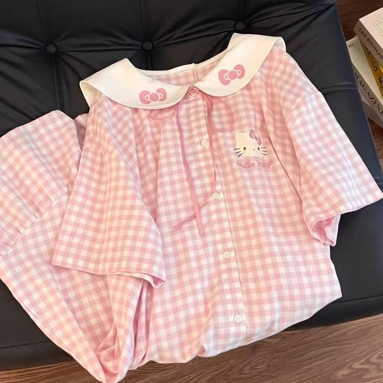 良質ソース工場ナイトガウン夏ネイビーカラーピンクと白シリーズキティ新しいテンセル綿ホーム服|undefined
