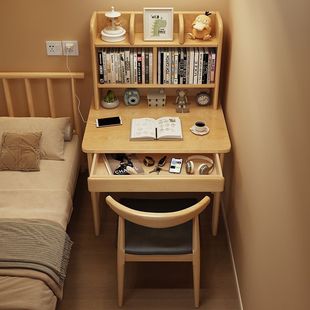 Solid Wood Desk Bookshelf Integrated Single Computer Table Small Bedroom Bedside Table Student Children's Study Table