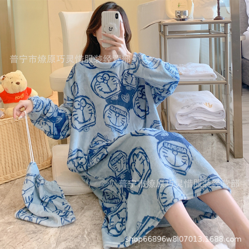 Pijamas de mujeres otoño invierno de franela lindo dibujo animado 2024 nuevo coral de lana gruesa falda cálida ropa para el hogar