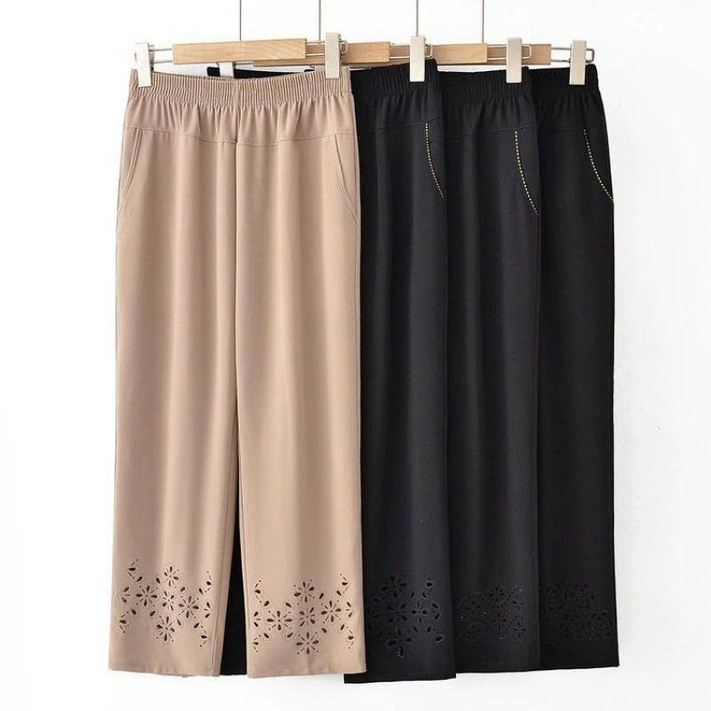 Женщины среднего и пожилого возраста брюки мамы летние сплошные брюки иностранные бабуля летние свободные прямые брюки миссис эластическая талия