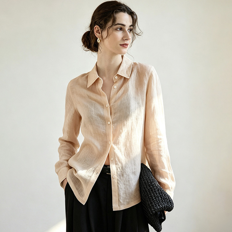 【Clearance Sale】26 Autumn Pure Linen Women's Shirt, Relaxed Old Money Style, Single-Breasted, Minimalist Shirt with a Shiny Finish