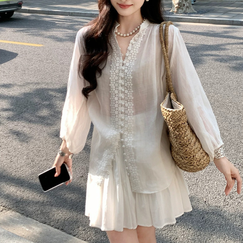 100% Ramie A-Type White Stand-Collar Shirt for Women, Summer French Lace Patchwork Trim, Three-Quarter Sleeve Top 100% Ramie A-Type White Stand-Collar Shirt for Women, Summer French Lace Patchwork Trim, Three-Quarter Sleeve Top