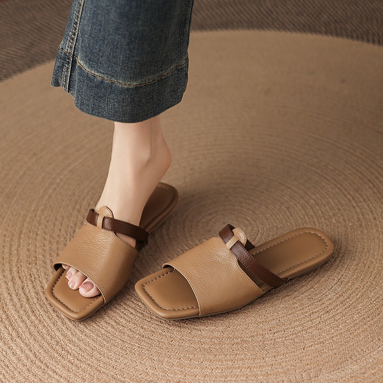 Dép sandal nữ xỏ ngón đế bệt phối màu hở mũi thời trang — màu trắng ngà, màu mơ chi tiết 53